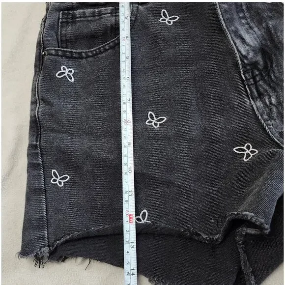 Black Embroidered Butterfly Cut off Jean SHORTS Size 11 Khaki+Blue - Picture 7 of 9